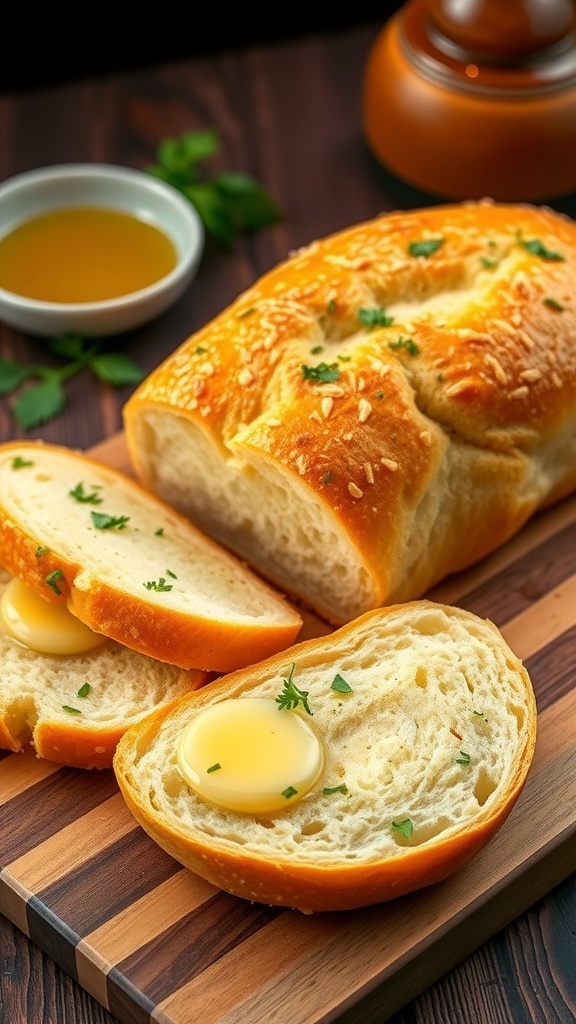 Homemade Garlic Bread Recipe Golden homemade garlic bread sliced on a wooden board, with butter and garlic visible, garnished with parsley.